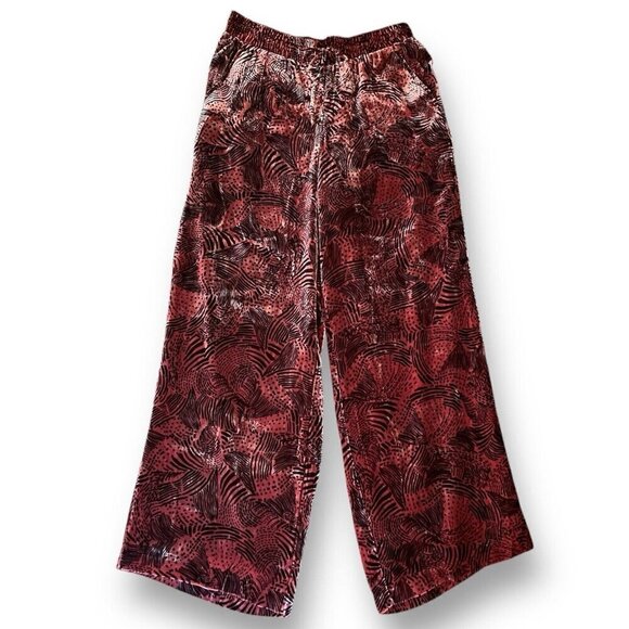 Garnet Hill Womens Velvet Pant Sz Small 4 6 Brown Black Print Wide Leg Pull On - Picture 1 of 7